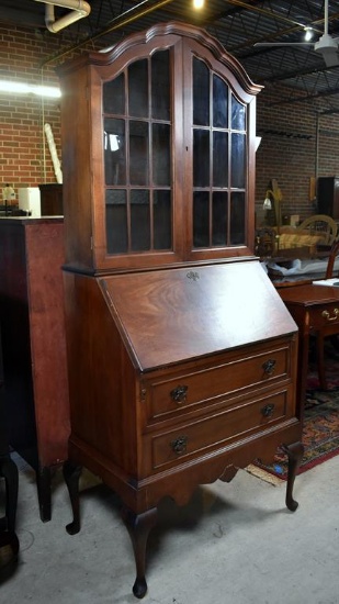 Elegant Queen Anne Style Walnut Drop Front Secretary with Book Hutch