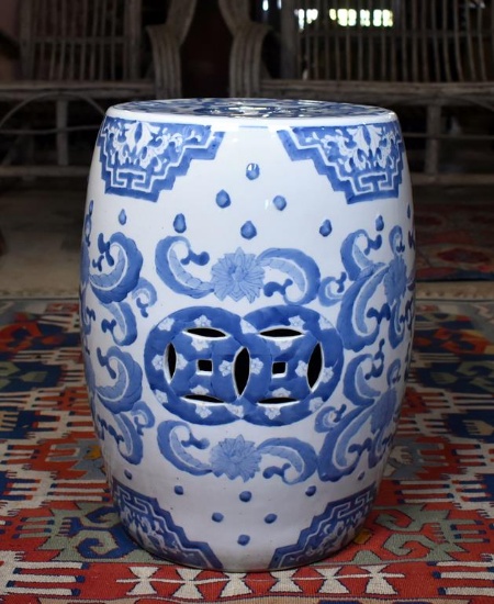 Vintage Chinese Ceramic Blue & White Garden Seat