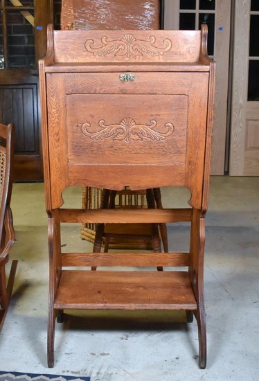 Quaint Antique Folding One-Piece Oak Kitchen Drop Front Secretary Desk and Shelf