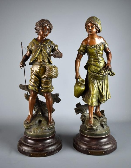 Pair of L & F Moreau Bronzed Spelter French Mlle d'Or Sculptures “ Bonne Peche” & A La Fontaine”