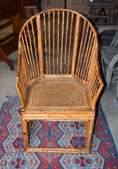 Vintage Bamboo Club Chair with Caned Seat & Upholstered Cushion