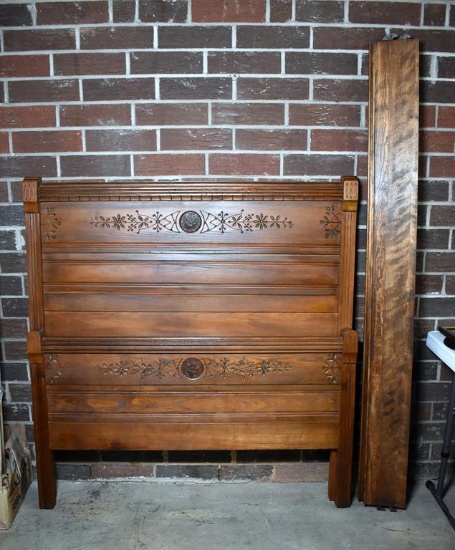 Antique Carved Walnut Double Size Bed Frame with Rails