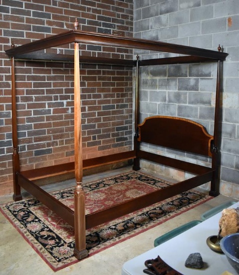 Vintage Drexel Banded & Inlaid Mahogany Queen Size Tester / Poster Bed
