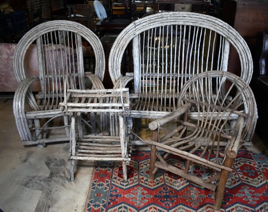 Set of Primitive Folk Art Twig / Vine Furniture: Settee, Two Chairs, Side Table
