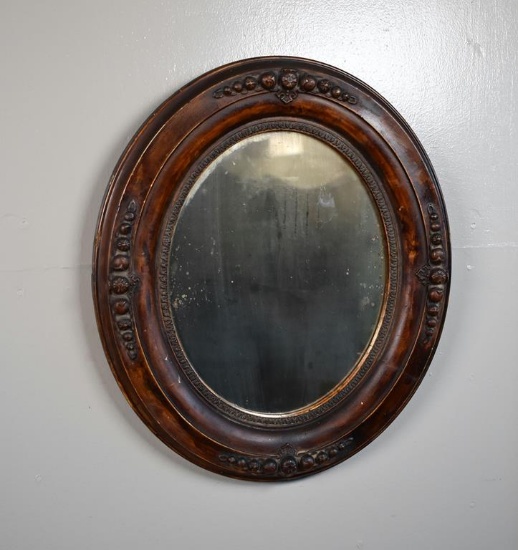 Antique Carved Wood Frame Oval Wall Shaving Mirror
