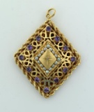 Vtg. 14K Yellow Gold Diamond Shaped Locket Pendant w/ Purple Sapphires, Diamond & Seed Pearls