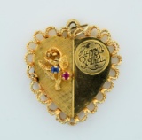 14K Yellow Gold “Happy Birthday” Heart Pendant w/ Sapphire and Ruby, 1.25” L