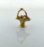 14K Yellow Gold Basket Charm w/ Pearls, Ruby, Sapphires, Emerald Gems & Red Beads
