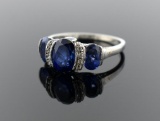 10K White Gold and 3.4 Carats Oval Cut Blue Sapphires Ring, Size 9.75