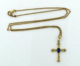 10K Yellow Gold, Blue Topaz, and Diamond Cross Pendant w/ 8K Yellow Gold 19” Necklace