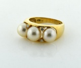 14K Yellow Gold, Pearl and Diamond Ring, Size 7