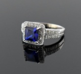 Princess Cut Blue Sapphire (2 Carats) and Diamond 10K White Gold Ring, Size 9