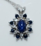 Star Sapphire & Diamond Pendant 16” Necklace in 14K White Gold