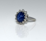 Star Sapphire and Diamond 14K White Gold Ring, Size 6.5