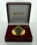Contemporary Majestron Majesti 17 Jewels Gold Plated Hunter Case Skeleton Pocket Watch w/ Chain