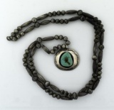 Vintage Native American Sterling Silver Bead & Turquoise Necklace with Pendant