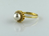 14K Yellow Gold, Pearl and Diamond Ring, Size 7.75