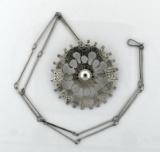 Ecuadoran 900 Silver Wheel Pendant / Pin on 24” Silver Rod Link Necklace