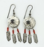 Vintage Native American Sterling Silver & Red Coral Dangle Earrings