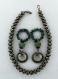 Vintage Native American Sterling Silver Bead 14” Necklace & A Pair of Turquoise Bead Earrings