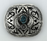 Vintage Native American Sterling Silver & Turquoise Belt Buckle Made by VA