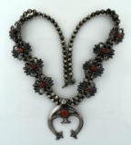 Vintage Native American Sterling Silver & Red Coral Butterfly Squash 24” Necklace