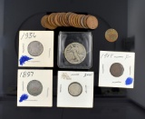 Lot Old US Coins: 1943 Half, 1945 Dime, 1897 & 1936 Nickels, 1904 & 1908 Pennies, 19 Wheat Pennies