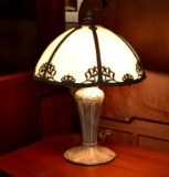Art Nouveau Slag Glass Shade Sculptured Metal Base Table Lamp