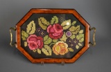 Small Octagon Shaped Cross Stitched Tray w/ Brass Handles