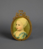 Miniature Lithograph Portrait of Young Child, Oval Framed