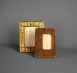 Lot of Two Decorative Picture Frames: Carved Wood & Embossed & Painted Leather