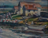 Unsigned Oil on Canvas of Cottages by the Water, Beautifully Framed