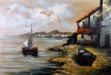 Unsigned Oil on Canvas of Boats at Shore, Beautifully Framed