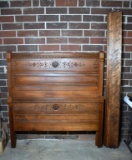Antique Carved Walnut Double Size Bed Frame with Rails