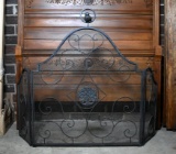 Contemporary Black Metal Fire Screen with Bird Finial, Tree Medallion