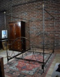 Contemporary Queen Size Tester Bed Frame, Bronze Tone Metal with Brass Finials & Accents
