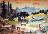 Helmuth Macke (German, 1891-1936) Cows, Mountains, Drawing-Watercolor, Signed