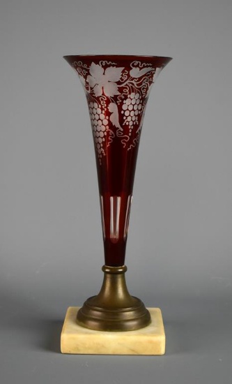 Lovely Etched Ruby Glass 11.5” Vase with Marble Base