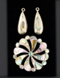 Vintage Taxco Mexican Sterling Silver & Abalone Shell Brooch Pendant and Matching Earrings