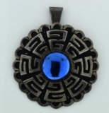 Vintage Mexican Sterling Silver and Blue Cabochon Brooch Pendant