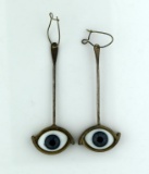 Unique Taxco Silversmith Orvelo Sterling Silver w/ Blue Gray Glass Eyes Dangle Earrings