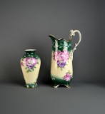 Vintage Limoges China Hand Decorated 13” Pitcher and Matching Vase