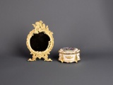 Japanese Decorated Porcelain Music Box and Small Metal Frame Rococo Accent Mirror