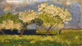 Vintage Impressionistic Oil on Board, Trees in Bloom, Unsigned