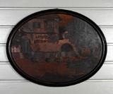 Wood Veneer Marquetry Art, Horse & Wagon, Oval Frame