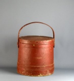 Old Red Painted Wooden Stave Bucket