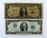 US Hawaii Red Seal 1935A $1 Silver Certificate & 1976 $2 Federal Reserve Note