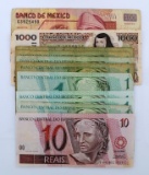 Mexican and Brazilian Currency Notes 1,100 Pesos, 19 Reals