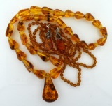 Vtg. Large Amber Teardrop 26” Necklace & Matching Earrings & 42” Amber  Bead Necklace