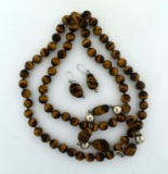 Tiger Eye & Sterling Silver 30” Bead Necklace, 8” Bracelet & Earrings